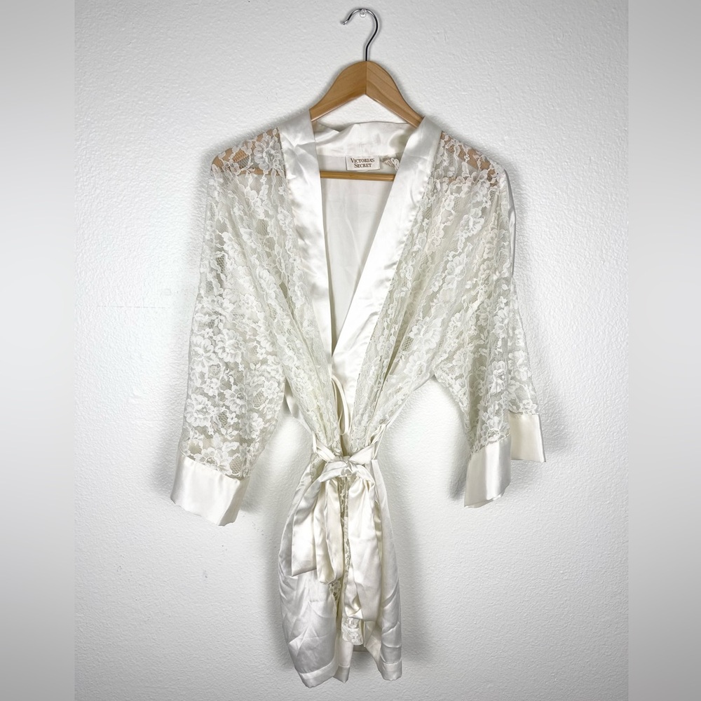 Vintage Victoria’s Secret Gold Label Cream Sheer Lace and Satin Intimates Robe